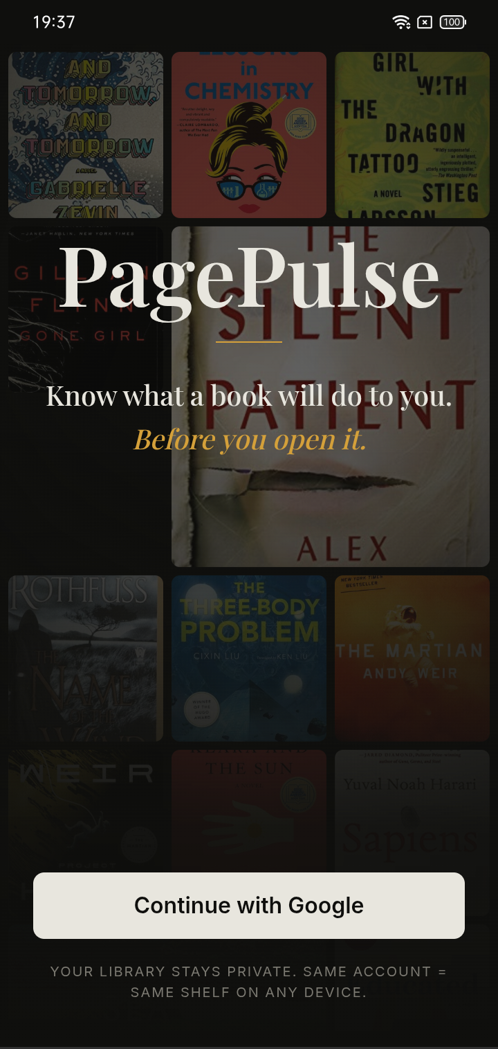 Sign-in screen with PagePulse wordmark, tagline, and a single Continue with Google button