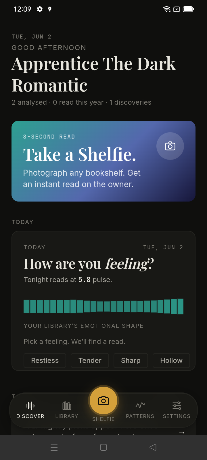 Discover screen showing today's mood selector and pulse bar