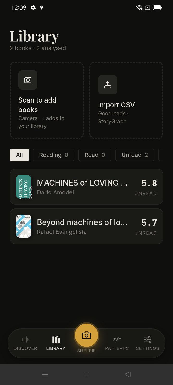 Library tab showing the Scan to add books and Import CSV tiles