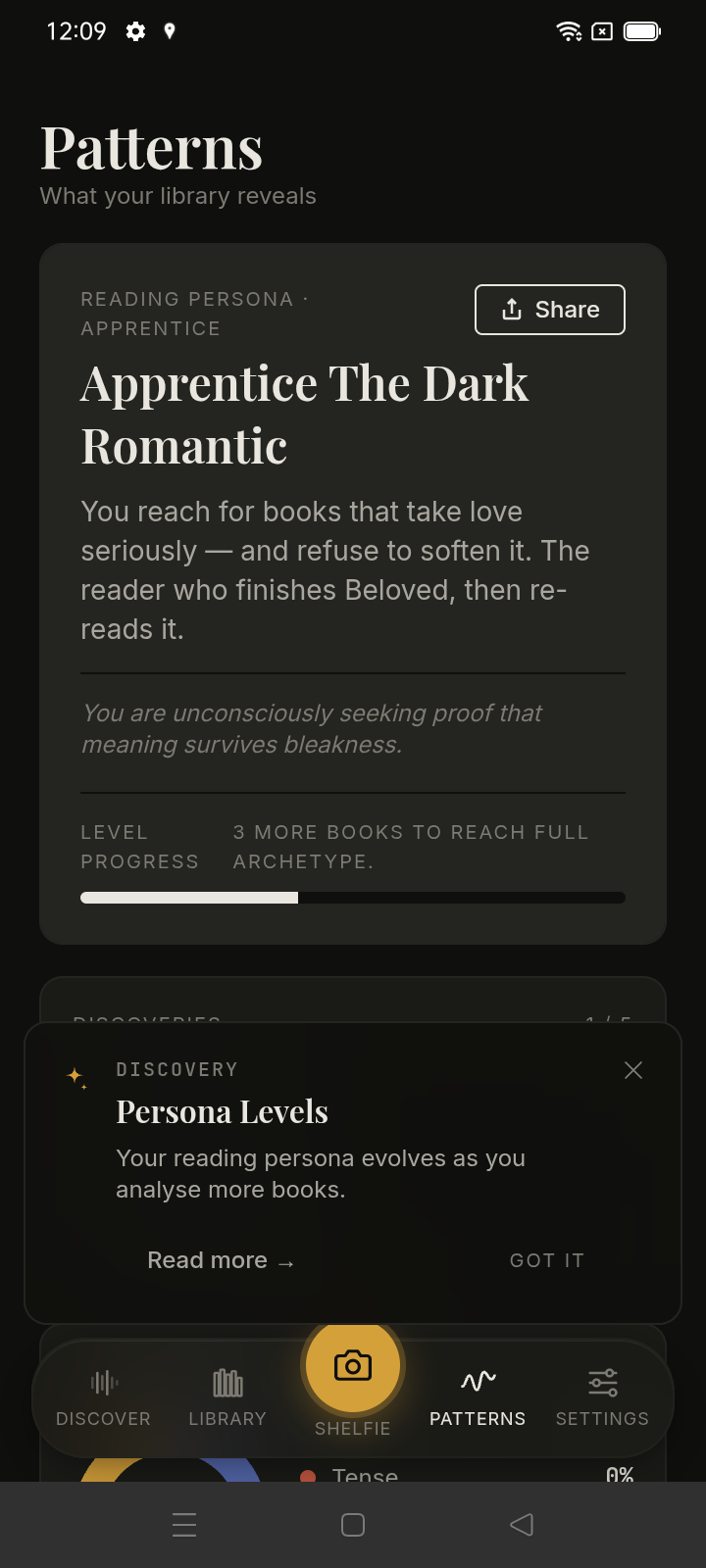 Patterns screen showing reading persona and library insights