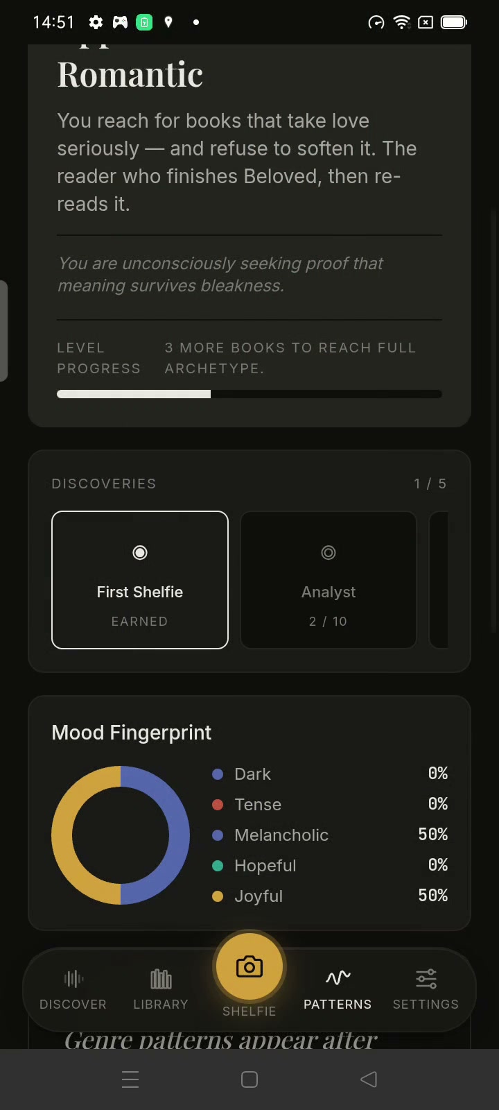 PagePulse — Patterns screen showing the reading persona & mood fingerprint